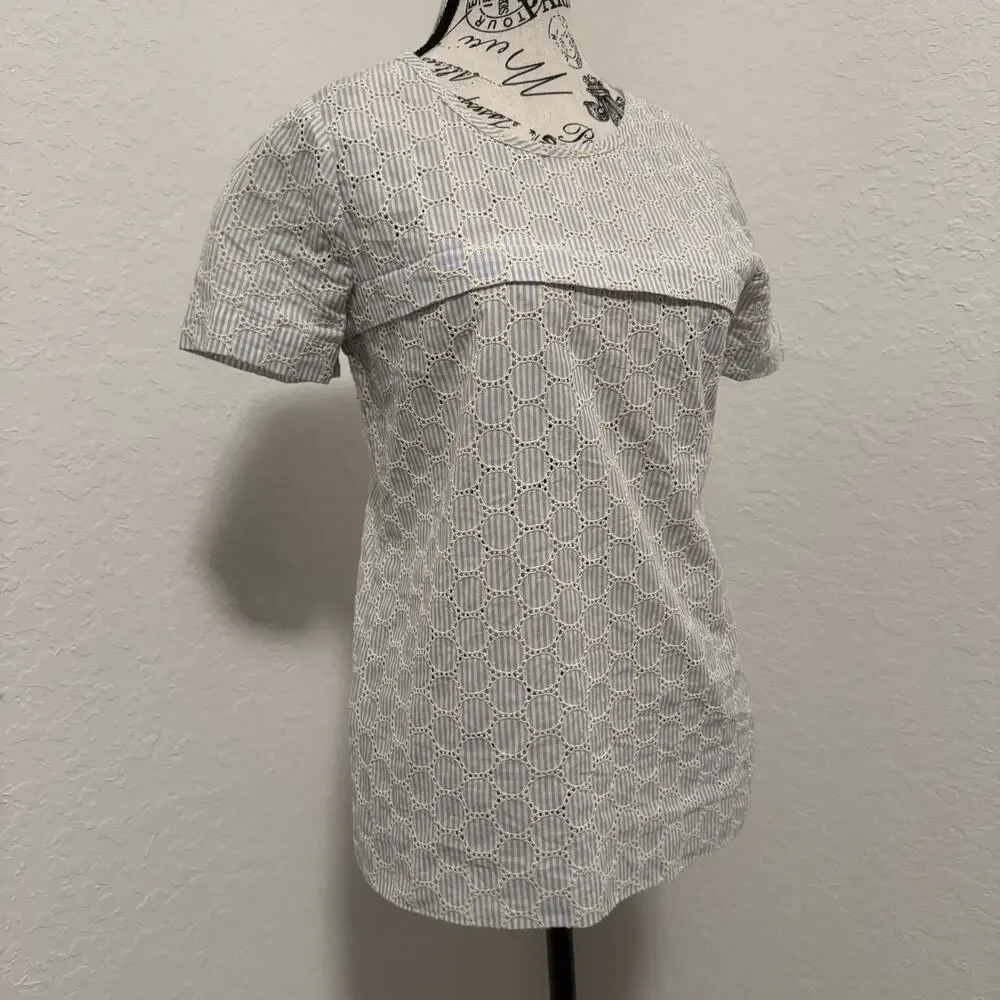 J CREW Eyelet Lace SS Pullover Blouse Striped Women's Size 0 Career Event Office - Picture 7 of 8